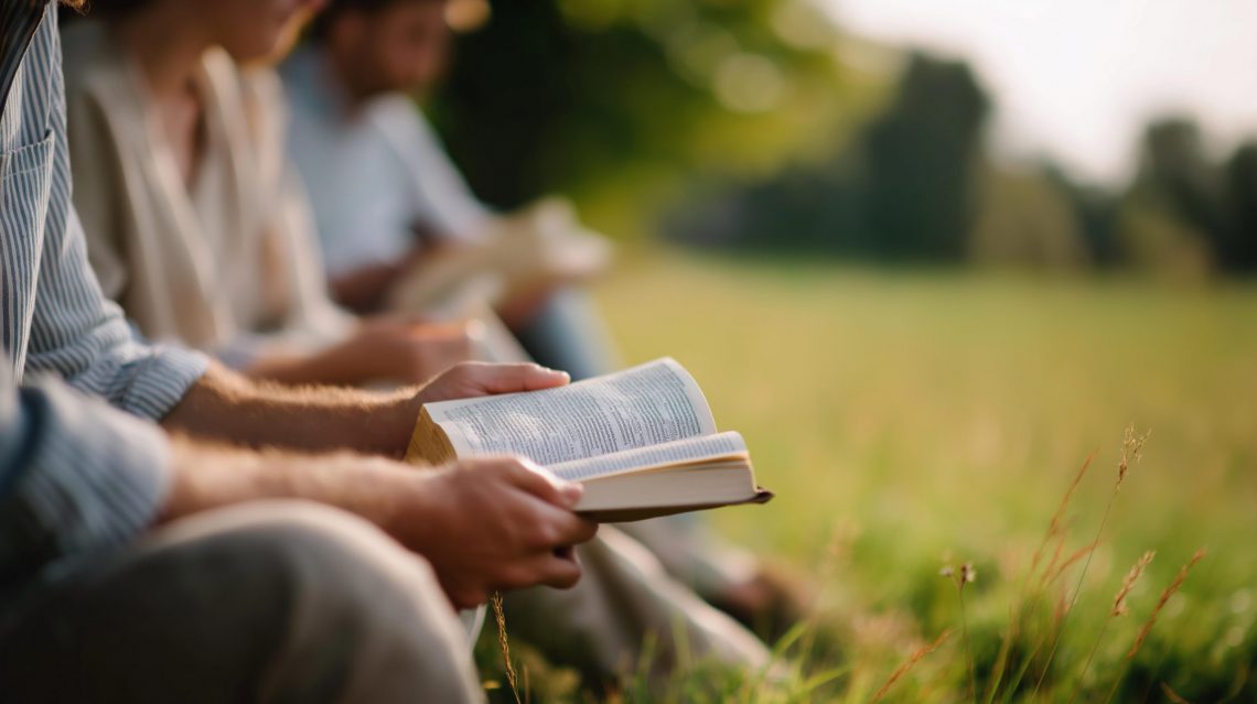 young group reading and discussing bible outdoors, christian fellowship and prayer meeting at park, outdoor scripture study, nature worship gathering, faceless participants, defocused