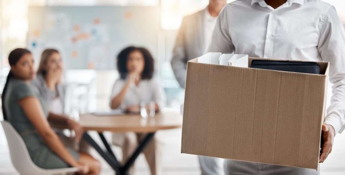 business man fired, unemployed box and dismissal from job in office for stress, depression and fear of mistake, failure and problem. sad employee leaving company, economy crisis quit and bad worker