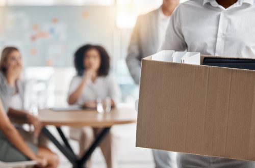 business man fired, unemployed box and dismissal from job in office for stress, depression and fear of mistake, failure and problem. sad employee leaving company, economy crisis quit and bad worker