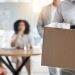business man fired, unemployed box and dismissal from job in office for stress, depression and fear of mistake, failure and problem. sad employee leaving company, economy crisis quit and bad worker