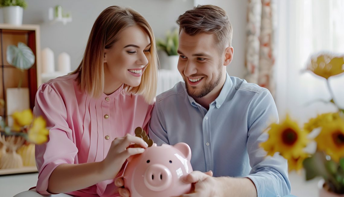 smiling, happy young family together put coins in piggy bank to save money. married couple are planning to save up finances. savings, investments, financial freedom, business, hope for success