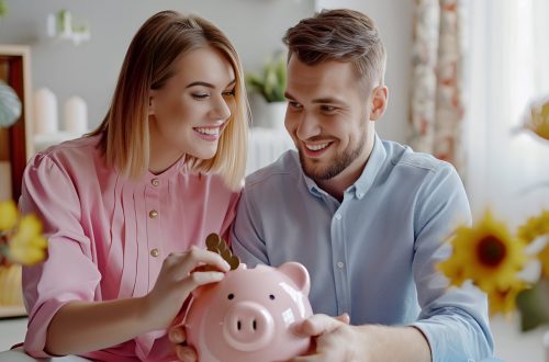 smiling, happy young family together put coins in piggy bank to save money. married couple are planning to save up finances. savings, investments, financial freedom, business, hope for success