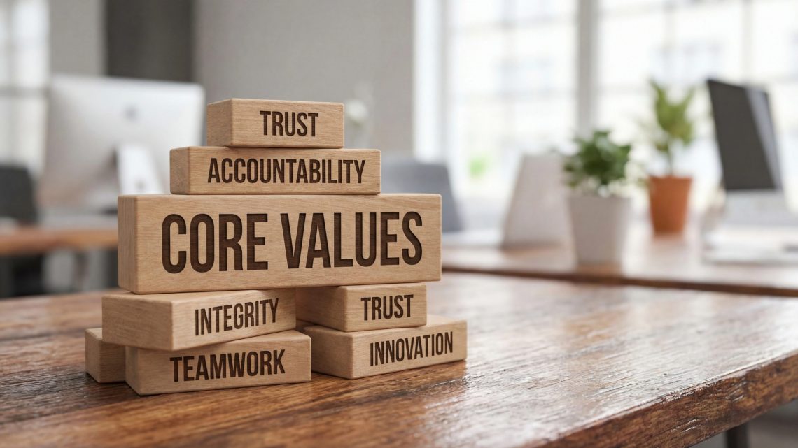 corporate organizational core values of trust accountability integrity teamwork and innovation stacked as foundation blocks representing strong ethical business culture leadership principles and team