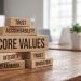corporate organizational core values of trust accountability integrity teamwork and innovation stacked as foundation blocks representing strong ethical business culture leadership principles and team