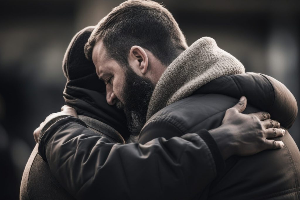 Forgiveness and Reconciliation as a Lifestyle closeup of a person comforting a friend in need, their reassuring words and actions reflecting their strong faith in being there for others.