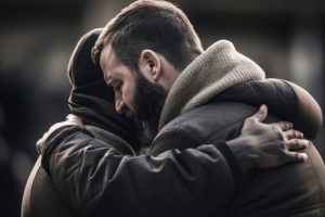 closeup of a person comforting a friend in need, their reassuring words and actions reflecting their strong faith in being there for others.